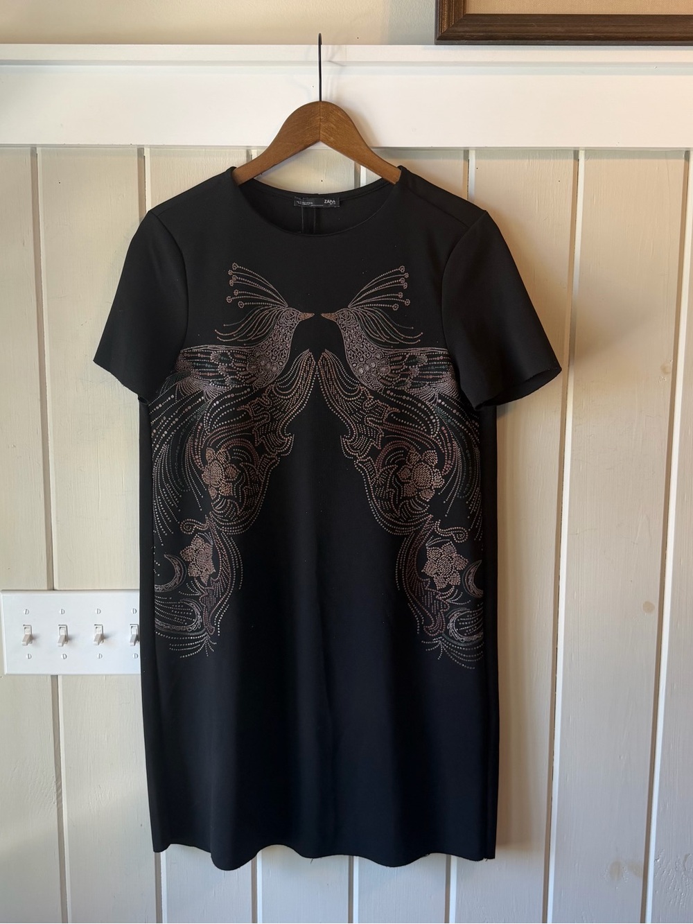 NWT Zara Black Mini Dress with Metallic Peacock Embellishment, Size S